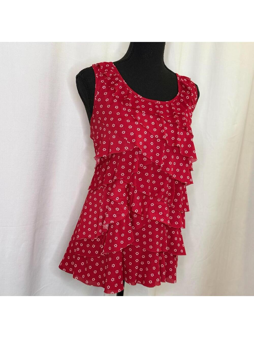 Roz & Ali Large Red and White Floral Patterned Ruffled Sleeveless Blouse
